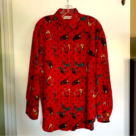 Chaus Tops - Chaus Vintage Blouse, Size 10, Red, Fox Hunt, Equestrian Theme, Western Wear